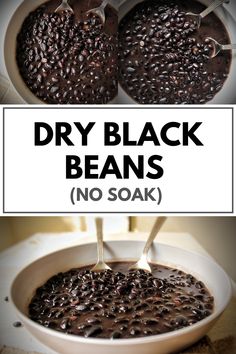 a pan filled with black beans sitting on top of a table next to a spoon