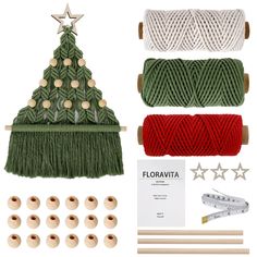 christmas tree decoration kit with yarn, needles and buttons on the bottom right hand side