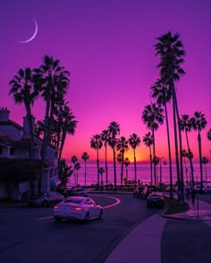 a street with palm trees and the ocean in the background