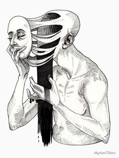 a black and white drawing of a man holding a mask