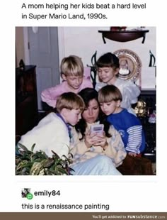 a group of kids sitting next to each other in front of a cell phone screen