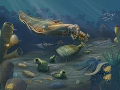 an artist's rendering of a sea life scene