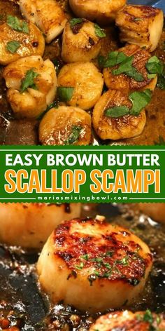 easy brown butter scallop scampi recipe in a skillet with text overlay