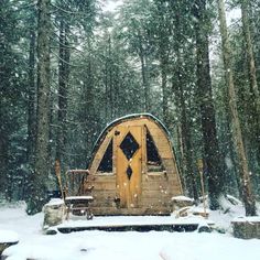 an outhouse in the middle of a forest with snow falling on it's ground