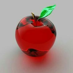 an apple with a green leaf is shown in this 3d rendering image, it appears to be red