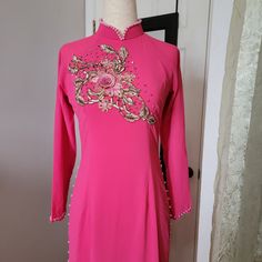 Beautiful Hand Beaded Pearls Neckline, Sleeves And Side Slip. Measurements Bust 86-90cm Waist 72-75cm Chiffon Material 4layers; 2front 2back. Bride Can Wear This For Engagement Or Wedding Pink Short Sleeve Ao Dai For Spring, Wedding Ao Dai With Pink Floral Embroidery, Festive Pink Ao Dai, Pink Fitted Long Ao Dai, Summer Long-sleeve Ao Dai With Floral Embroidery, Vietnam Dress, Ao Dai Vietnam, Chiffon Material, Hand Beading