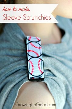 a close up of a person wearing a bracelet with baseballs on it and the words how to make sleeve scrunches