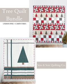 the tree quilt bundle is shown in three different colors and sizes, including red, white,