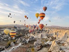 many hot air balloons are flying in the sky