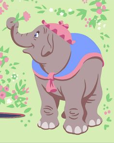 an elephant with a pink bow on it's head standing in front of flowers