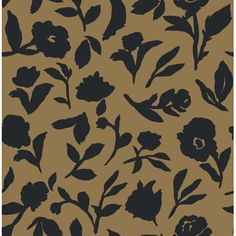 black and brown floral pattern on a tan background with leaves, flowers, and buds