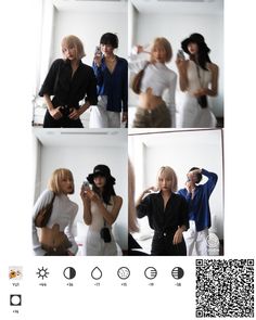 four pictures of women in white dresses and black hats, one is taking a selfie with her cell phone