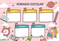 an image of a set of school supplies with the words horario escolar