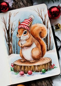 a drawing of a squirrel wearing a red and white hat on top of a tree stump