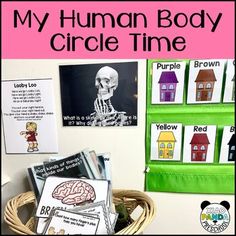 the human body circle time activity is displayed in front of a wall with pictures and posters