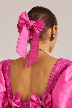 Best paired with the our matching dress or blouse, this scrunchie in pink taffeta could add the perfect pop of colour to your partywear portfolio. • Oversized design • Bow detail with DM embroidery • Matching items available • 100% recycled polyester • Designed in London Bow Scrunchie, Chocolate Babies, Reversible Tote Bag, Checked Scarf, Striped Scarves, Hair A, Matching Dresses, Yellow And Brown, Pink Stripes