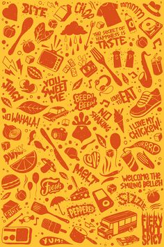 a yellow and red poster with different types of food in the shape of an image