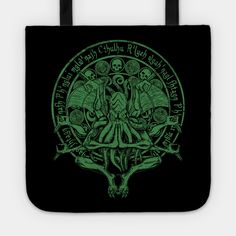 a green and black tote bag with an image of two skulls in the center