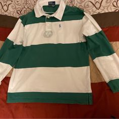 This Is Brand New Boys Ralph Lauren Polo Long Sleeve Shirt; Size :12/14 . Color Is Green And White Stripes. Preppy White T-shirt For Spring, Green Short Sleeve Preppy Tops, Preppy Green Short Sleeve Tops, Ralph Lauren Striped Collared Tops, Preppy Green Cotton Top, Green Preppy Cotton Tops, Ralph Lauren Striped Long Sleeve Tops, White Long Sleeve Ralph Lauren Shirt, White Collared Preppy Shirt