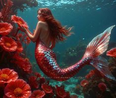 a woman with long red hair sitting on top of a mermaid tail in the water