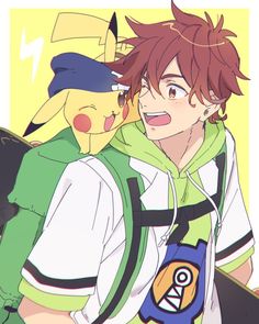 two anime characters one is wearing a backpack and the other has a green hoodie