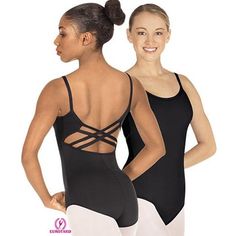 two women in black and white leotards with their backs turned to the camera