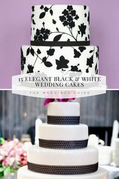 three tiered wedding cake with black and white flowers on top, the words elegant black and white wedding cakes