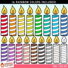 birthday candles clipart set with rainbow colors and black, white, blue, pink, orange