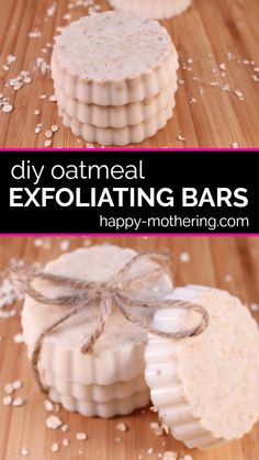 three different types of soap bars on a wooden surface with text overlay that reads diy oatmeal exoliting bars happy - mothering com