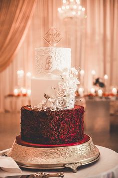 a three tiered wedding cake on top of a table