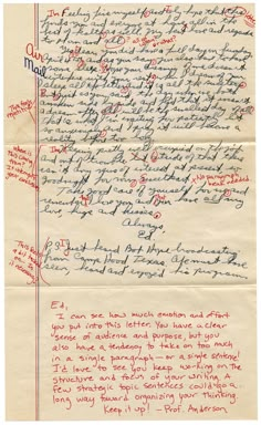 an old handwritten letter with red ink on white paper and writing underneath the letters