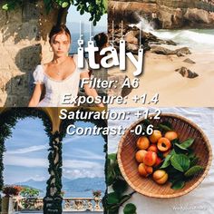 there is a woman standing in front of a photo collage with fruit on the table