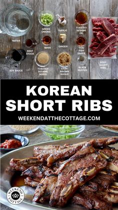 the korean short ribs recipe is shown on a plate with sauces and seasonings