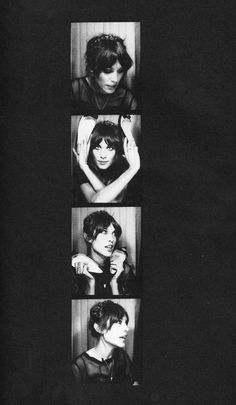 four pictures of the same person in black and white, with different hair styles on them