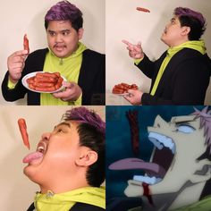 a man with purple hair is eating some food