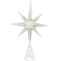 a white star ornament hanging from a wire on a white background with spirals