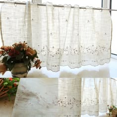 three different images of flowers in a vase on a window sill next to curtains