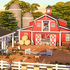 an animated farm scene with horses, barn and silos