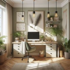 a home office with plants and pictures on the wall