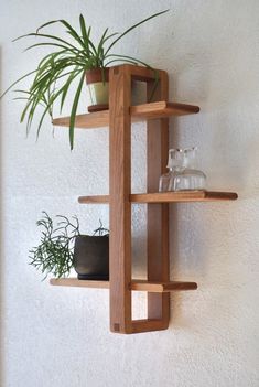 a wooden shelf with two plants on it