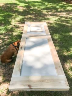 a dog laying on the ground next to a large piece of wood