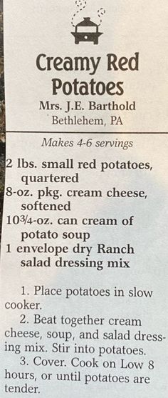 a sign with instructions for creamy red potatoes