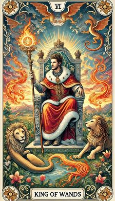 the king of wands is sitting on a throne with two lions around him and holding a