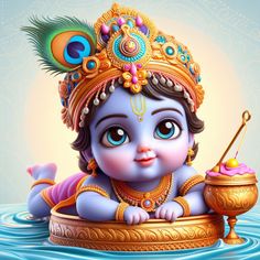 a baby ganeshi sitting on top of a golden bowl in the middle of water