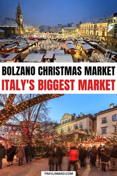 the christmas market in bologna, italy with text overlay