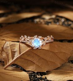 an engagement ring with a blue opal surrounded by leaves and stones on the ground