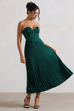 Bordeaux | Green Satin Corset Style Midi Dress Dark Green Midi Dress, Structured Corset, Sweetheart Bridesmaids Dresses, Midi Bridesmaid Dress, Style Midi Dress, Sleek Bun, Club L London, Court Heels, Satin Corset