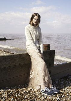 Jumper and ball gown. Not too sure about the trainers. Shoes Campaign, Skirts With Sneakers, Embroidered Skirt, Sea Beach, First Girl, On The Edge, The Edge