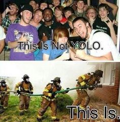 two pictures side by side, one with fire fighters and the other has captioning