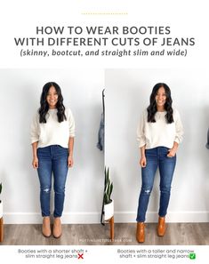 How to Wear Booties With Different Cuts of Jeans Boot Cut Jeans Outfit, Bootcut Jeans Outfit, Ankle Boots With Jeans, Booties Outfit, Wear To Work Dress, Grunge Dress, Boyfriend Jean